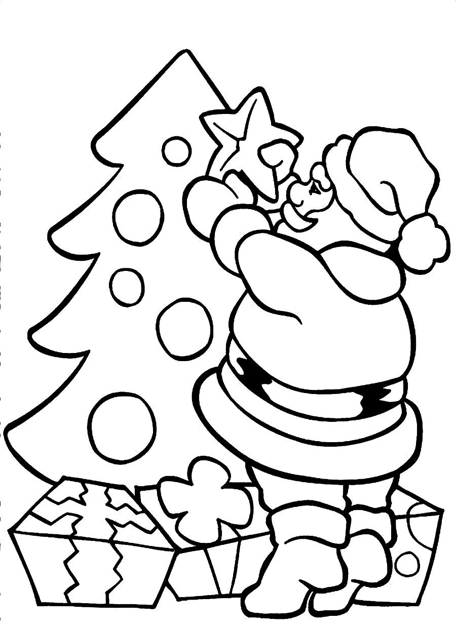 Desenho dePapai Noel Decorando a Árvore de Natal para colorir