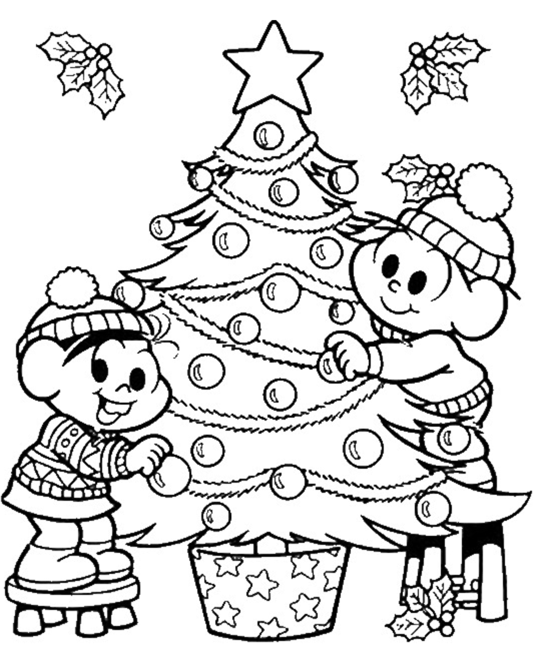 Desenho deCrianças Decorando Pinheiro Natal para colorir