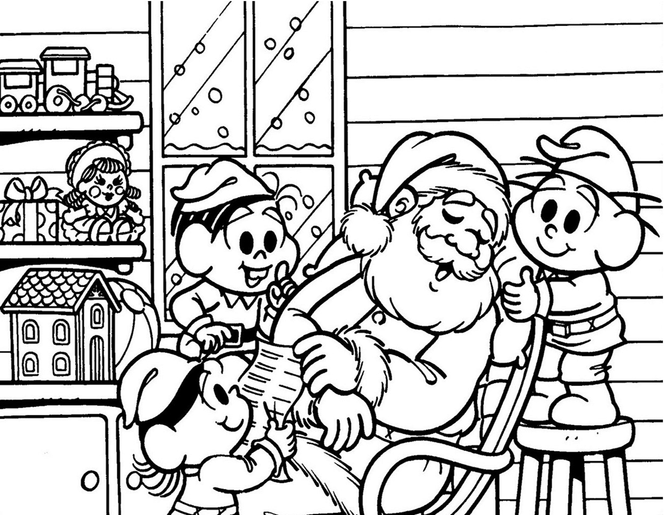 Desenho dePapai Noel Dormindo e Crianças para colorir