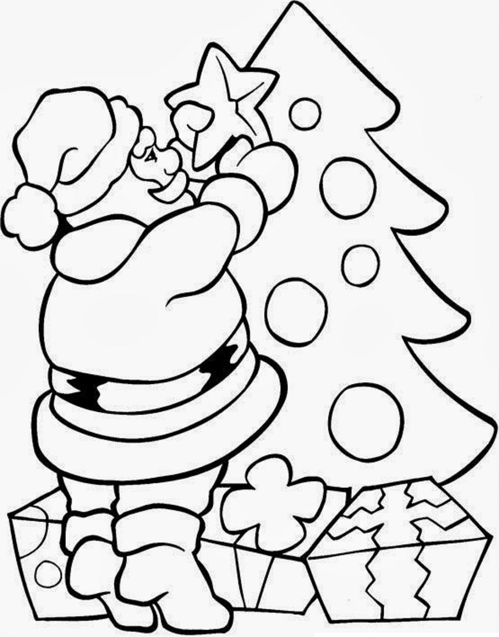 Desenho dePapai Noel Decorando Natal Pinheiro para colorir