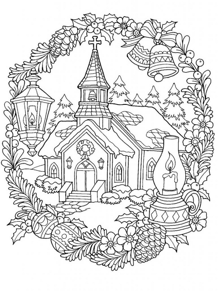 Desenho deIgreja no Natal para colorir