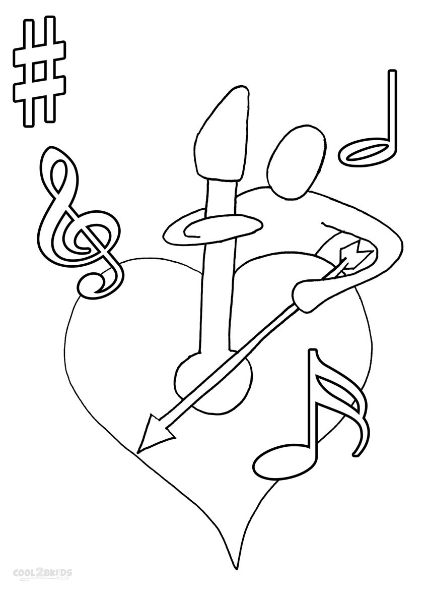 Desenho deNota da Música e Piano do Coração para colorir