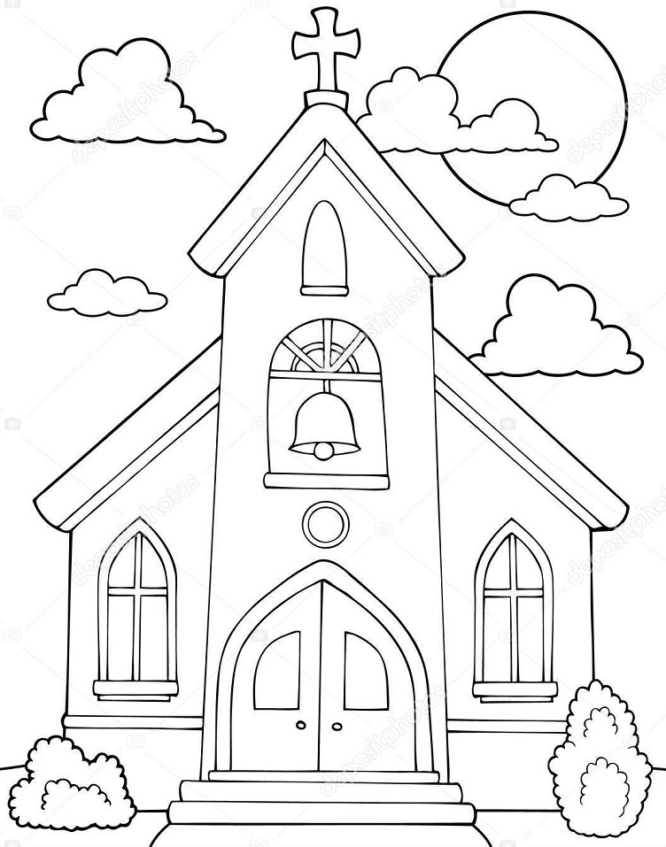 Desenho deIgreja e Sol para colorir