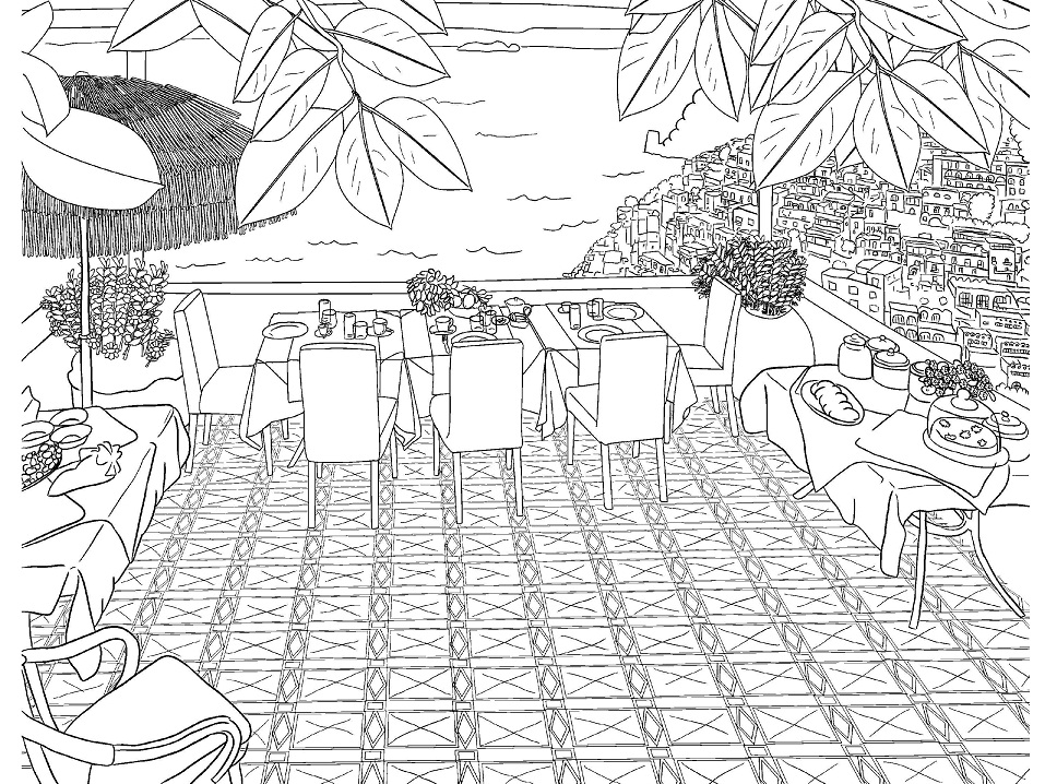 Desenho deVista para Restaurante e Praia para colorir