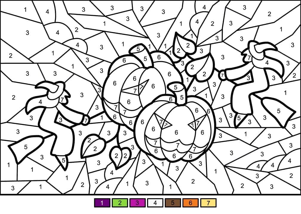 Desenho deAbóboras de Halloween Colorir Por Número para colorir