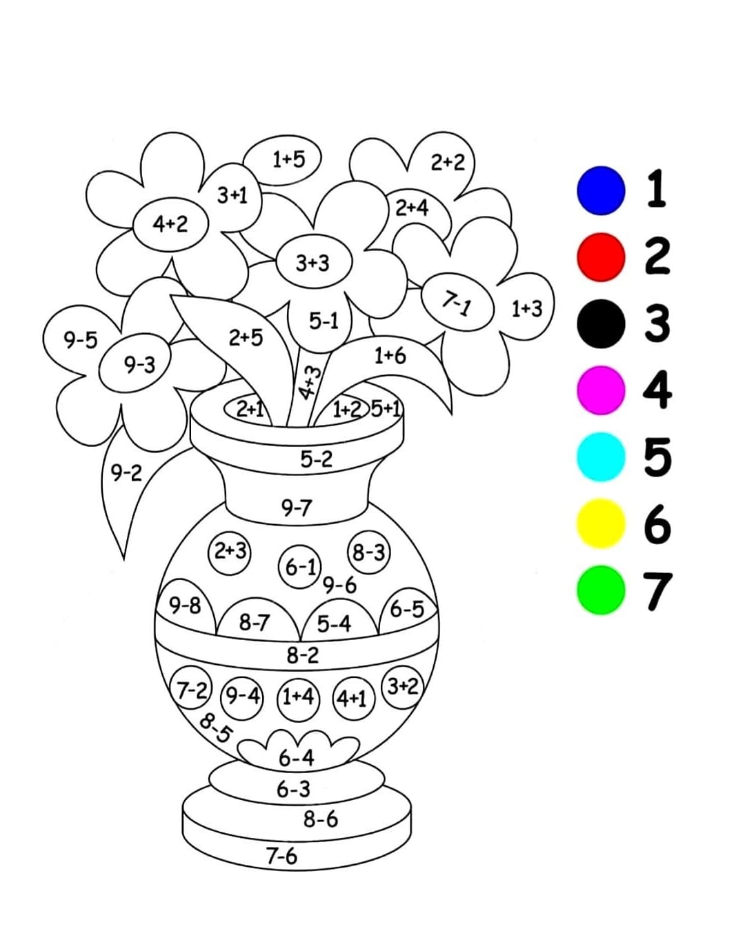 Desenho deAdição e Subtração Vaso de Flores para colorir