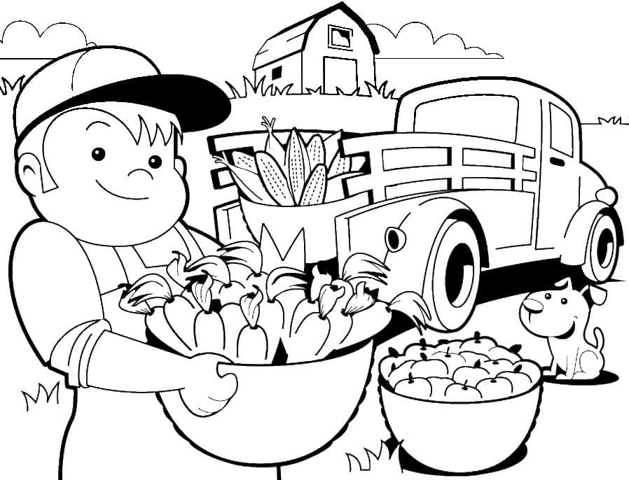 Desenho de Agricultor e Legumes para colorir