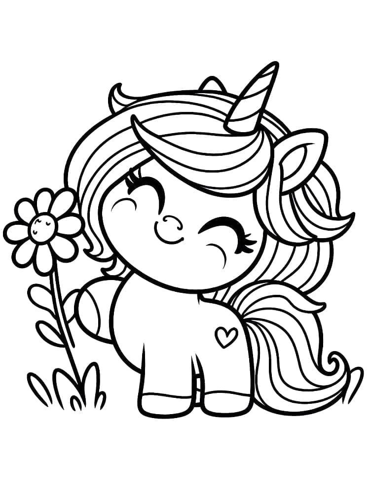 Desenho de Bebê Unicórnio com Flor para colorir