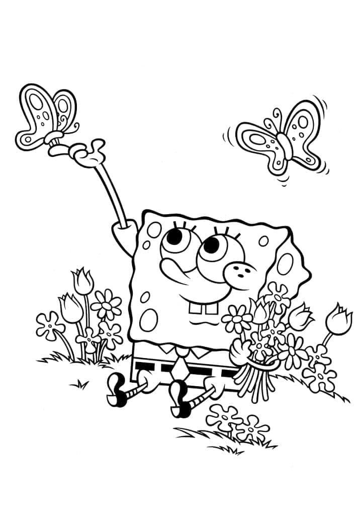 Desenho de Bob Esponja e Borboletas para colorir