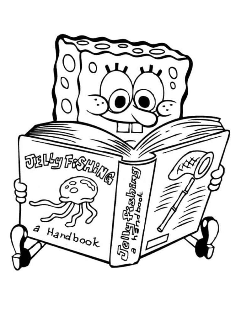 Desenho de Bob Esponja Lendo um Livro para colorir