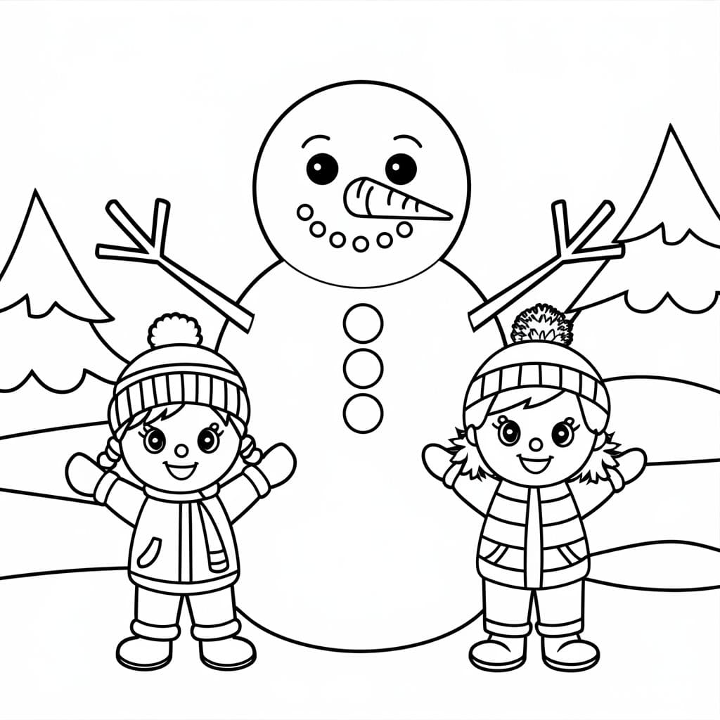 Desenho deBoneco De Neve Com Crianças para colorir