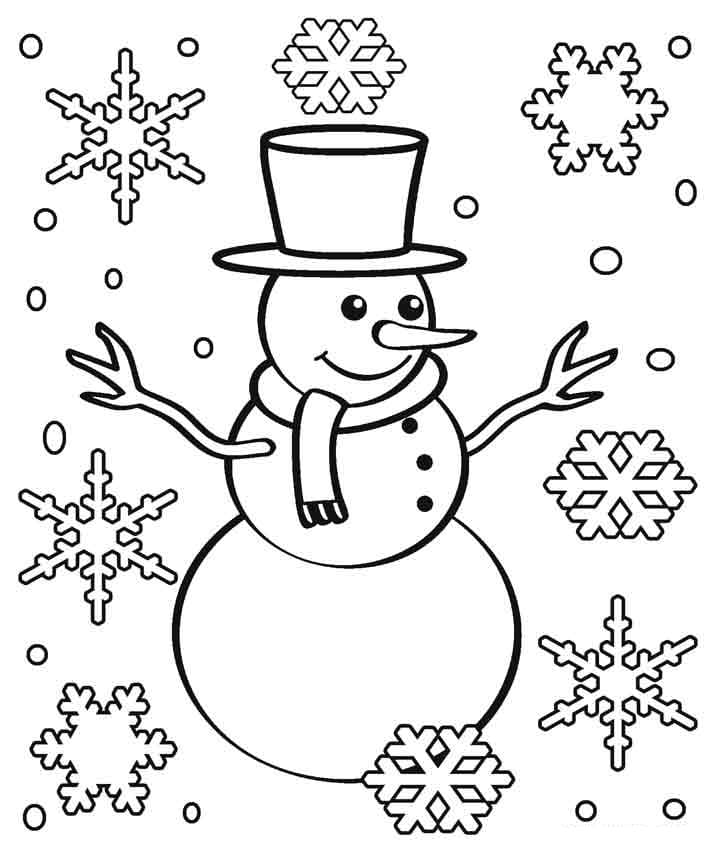 Desenho deBoneco de Neve e Flocos de Neve para colorir