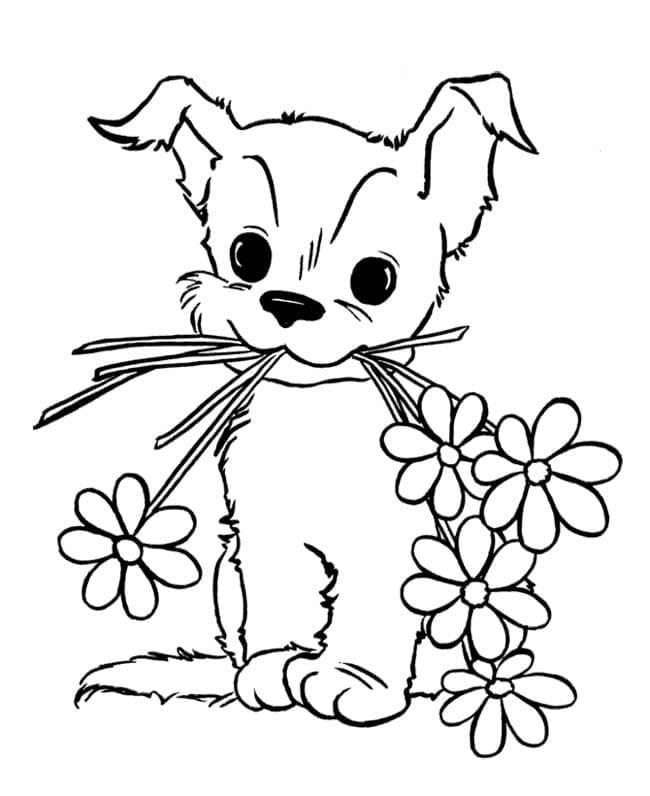 Desenho deCachorrinho e Flores para colorir