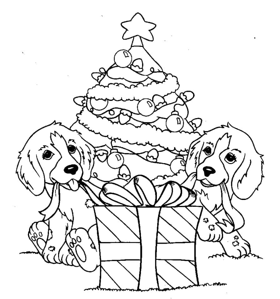 Desenho deCachorrinhos e Árvore de Natal para colorir