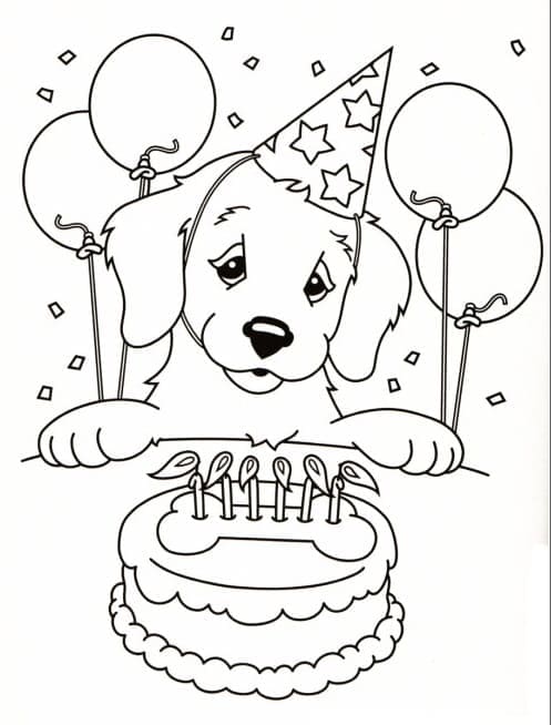 Desenho deCachorro e Bolo de Aniversário para colorir