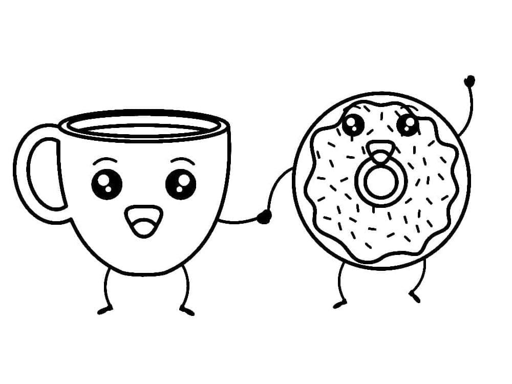 Desenho deCafé e Rosquinha Kawaii para colorir