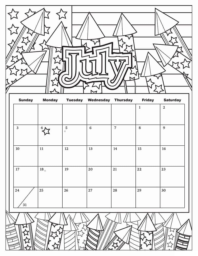 Desenho deCalendário Julho - 2019 para colorir