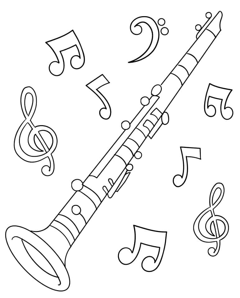 Desenho deClarinete e Notas Musicais para colorir