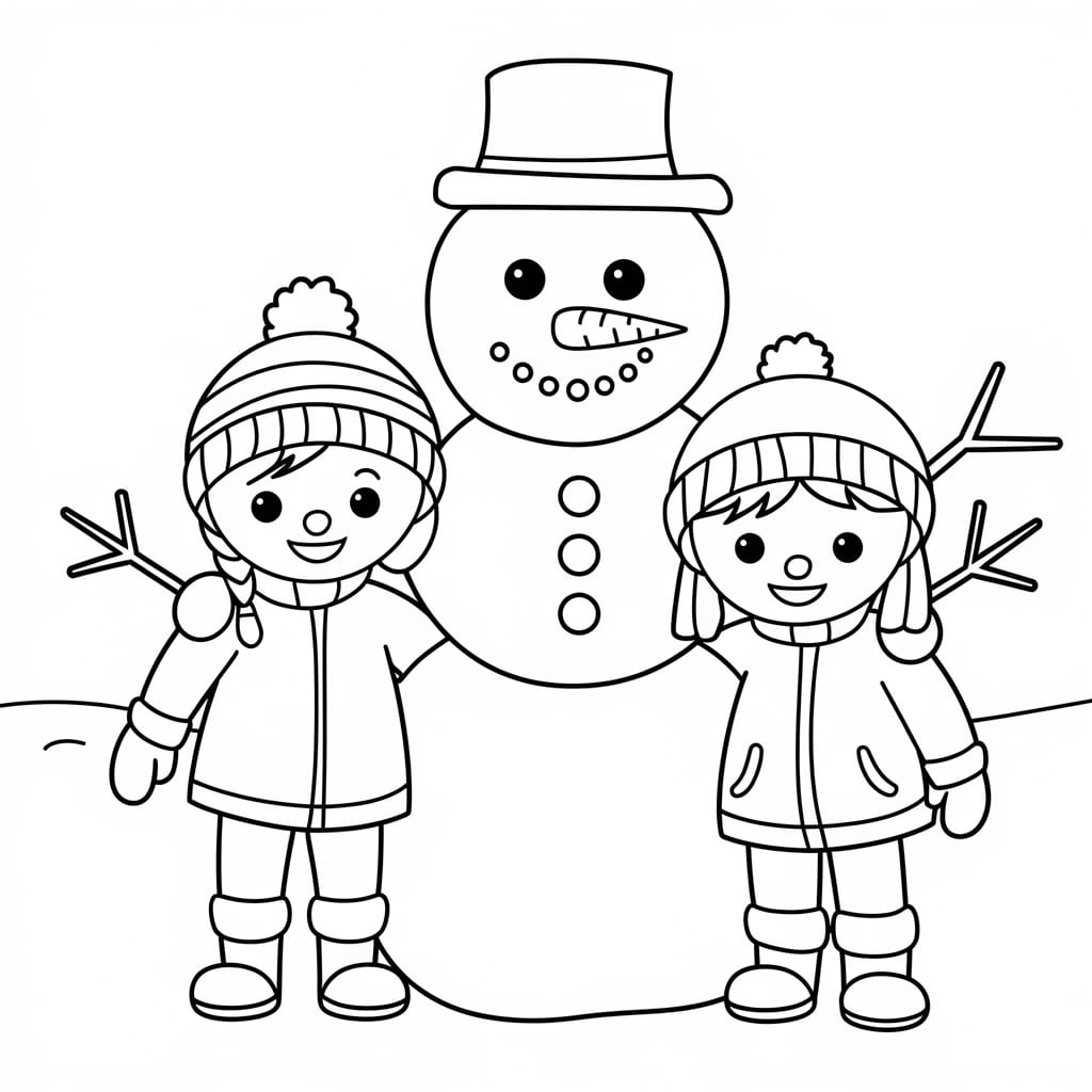 Desenho deCrianças Com Boneco De Neve para colorir