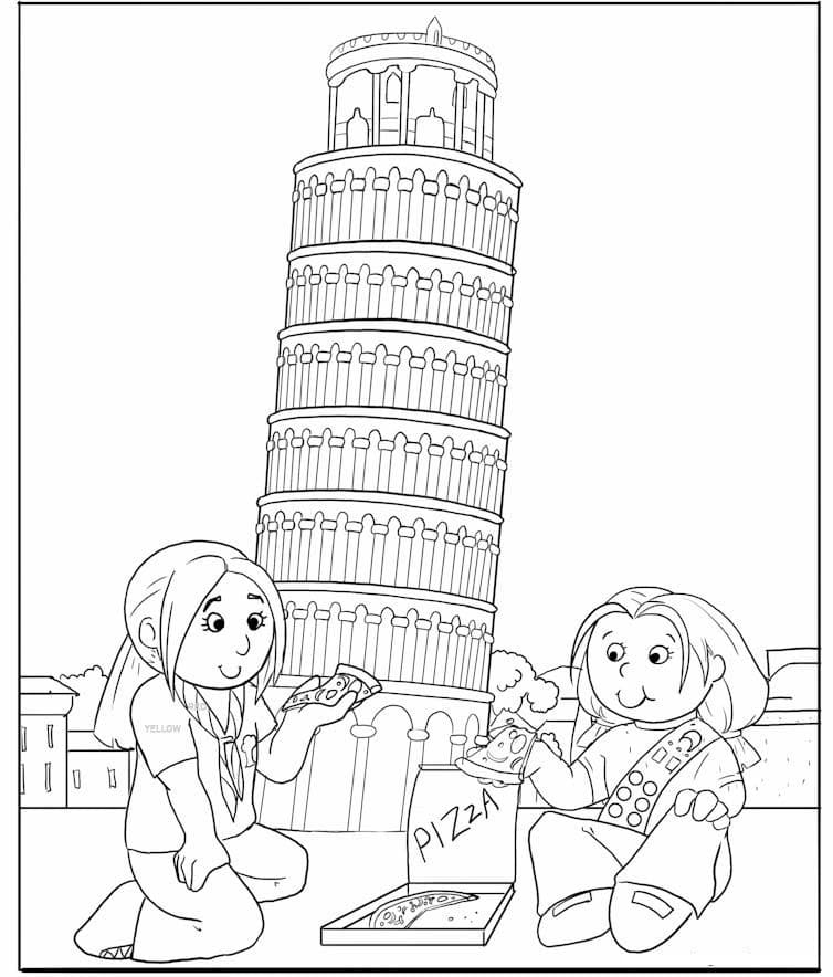 Desenho deCrianças e Torre de Pisa para colorir