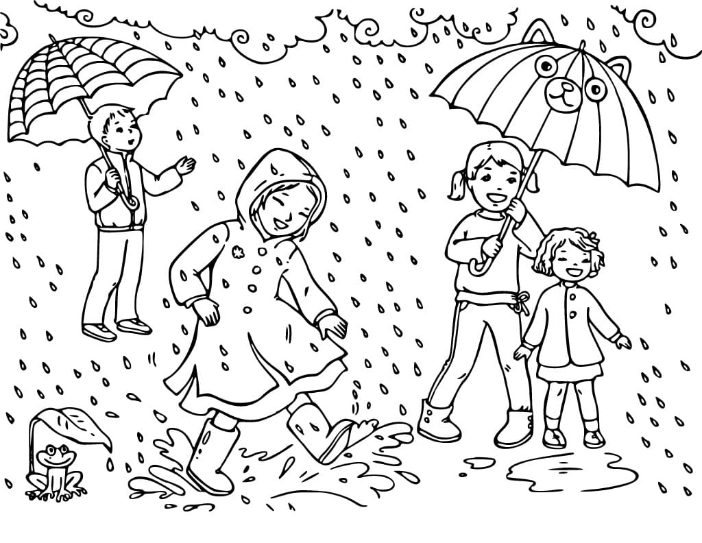 Desenho deCrianças Felizes Sob a Chuva para colorir