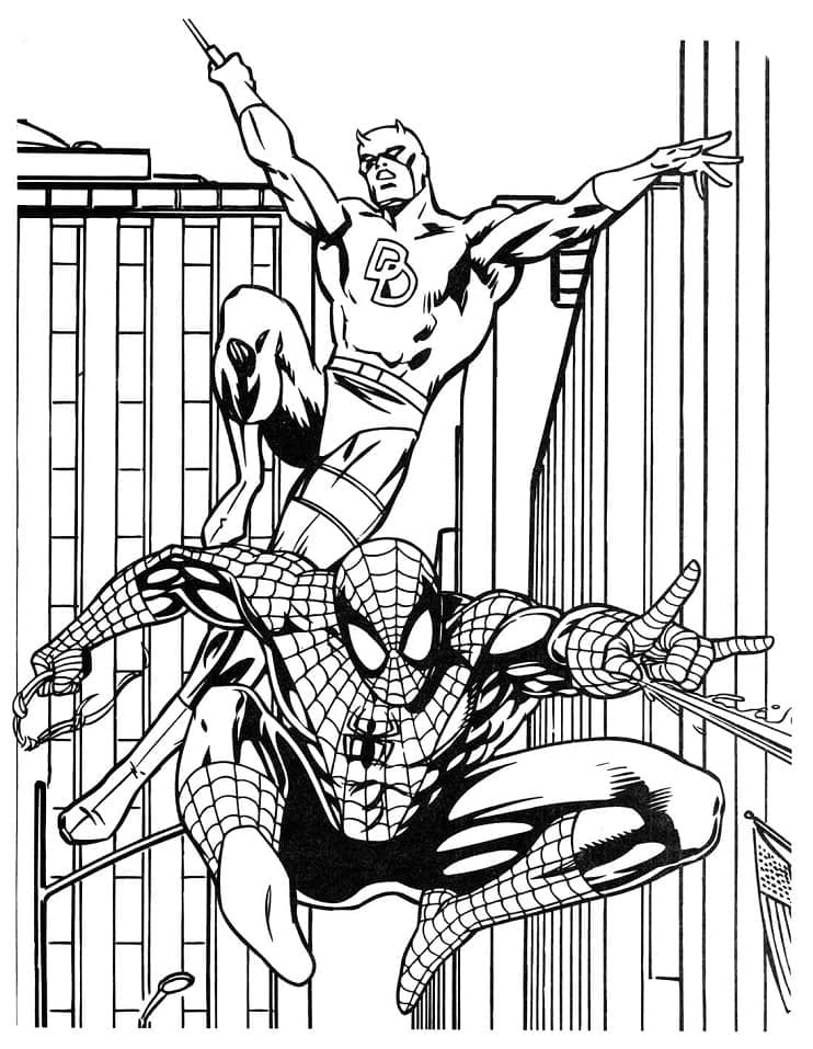 Desenho deDemolidor e Homem Aranha para colorir