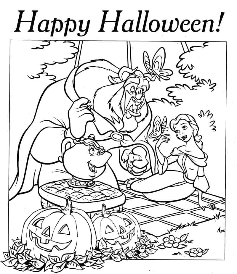 Desenho deDisney Halloween A Bela e a Fera para colorir