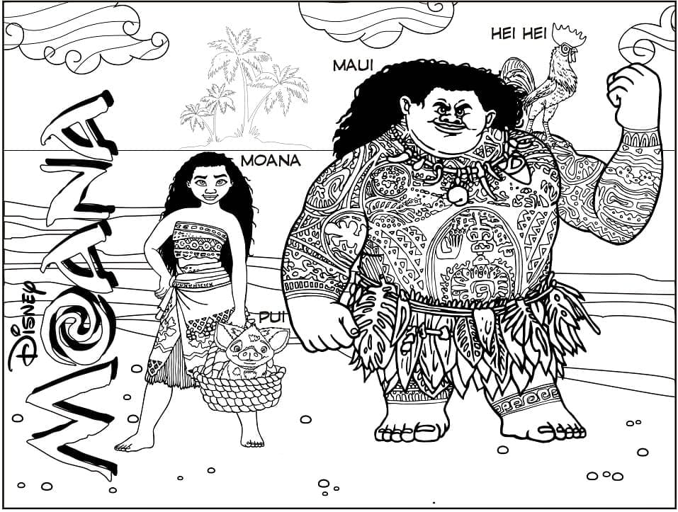 Desenho de Disney Moana e Maui para colorir