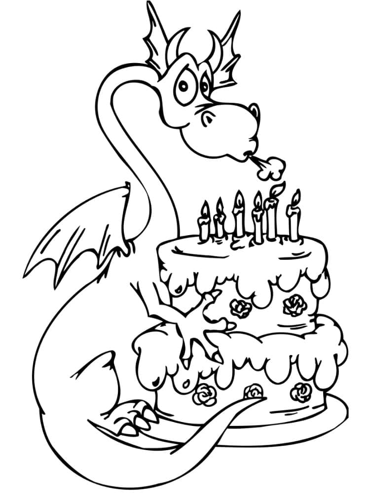 Desenho deDragão e Bolo de Aniversário para colorir