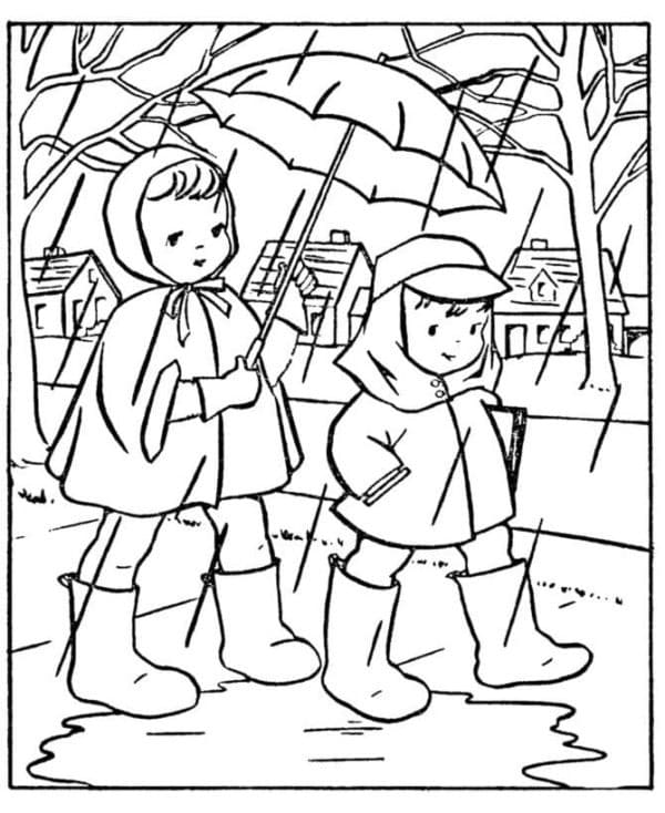 Desenho deDuas Crianças na Chuva para colorir