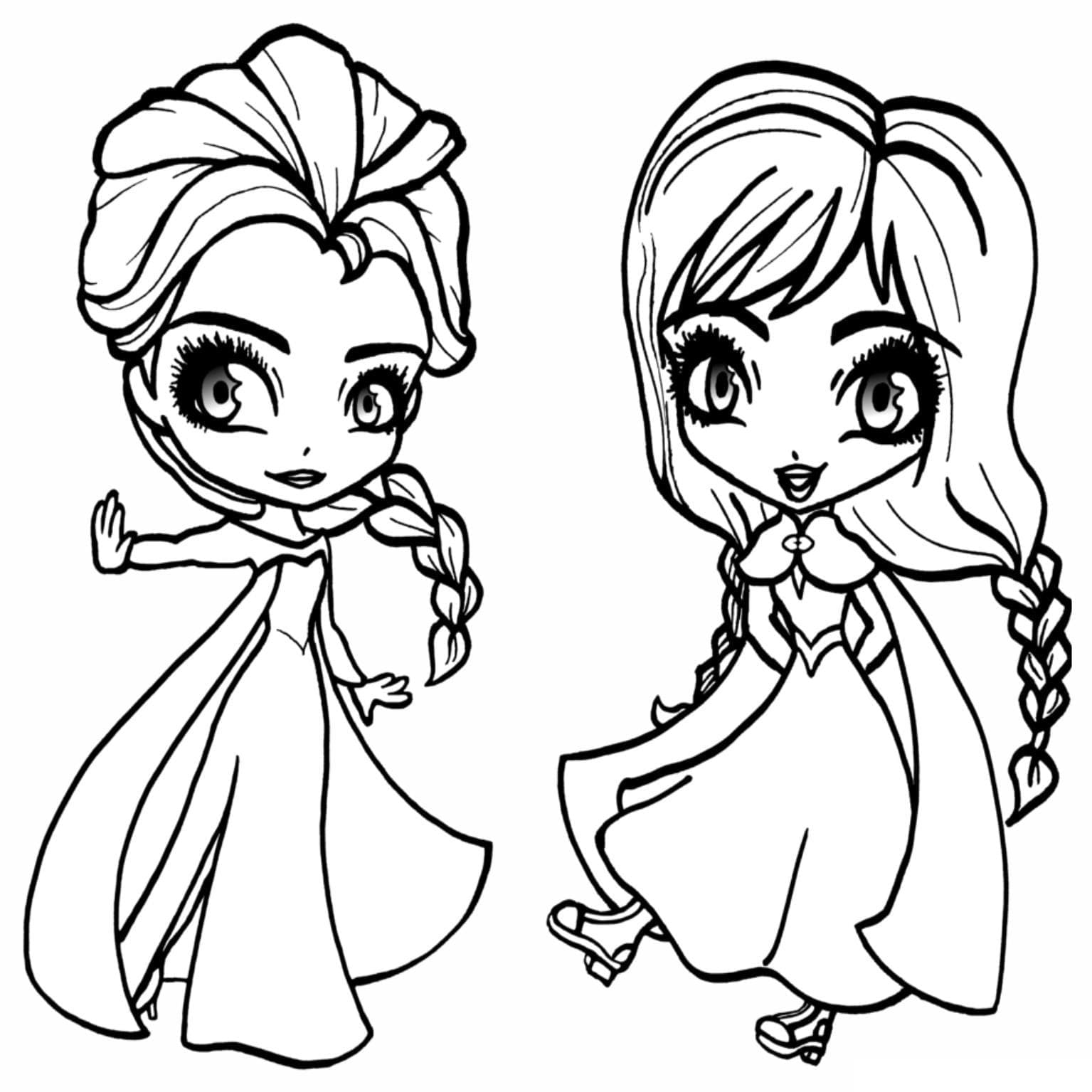 Desenho deElsa e Anna Chibi para colorir