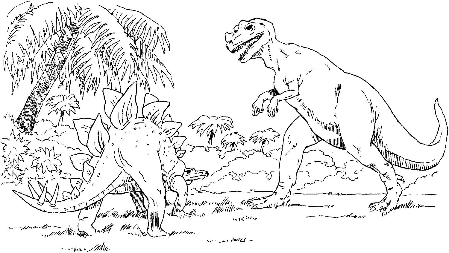 Desenho deEstegossauro e T-rex para colorir