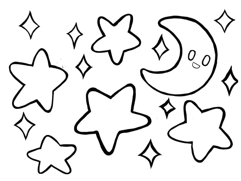 Desenho de Estrelas e Luas Fofas para colorir