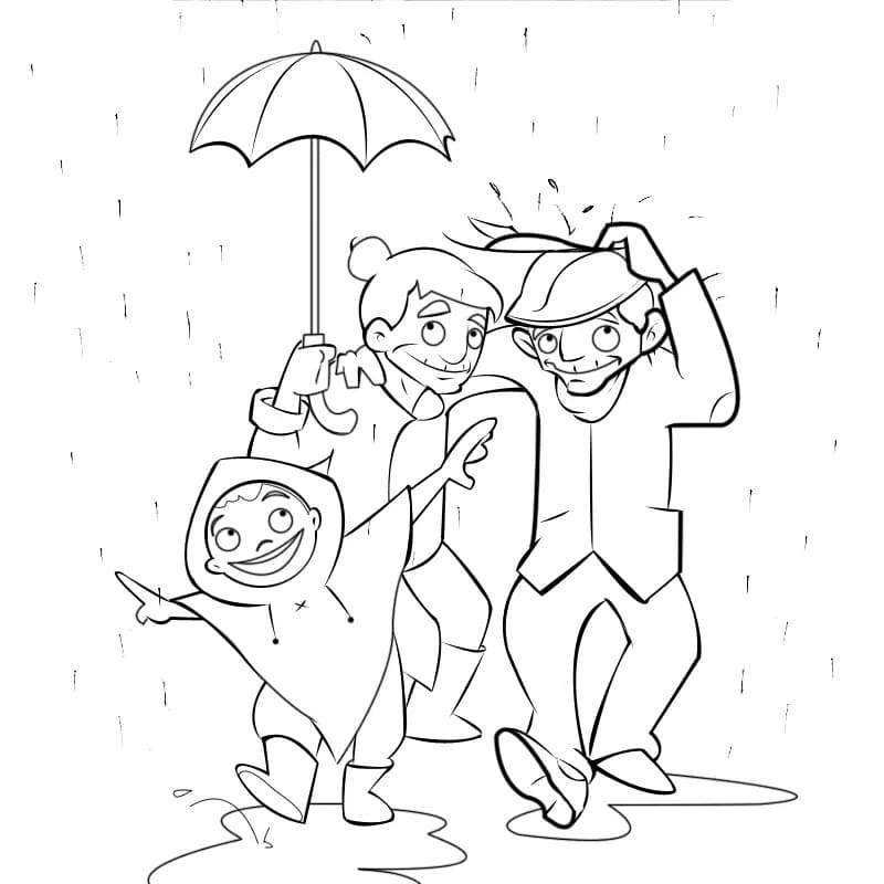 Desenho deFamília na Chuva para colorir