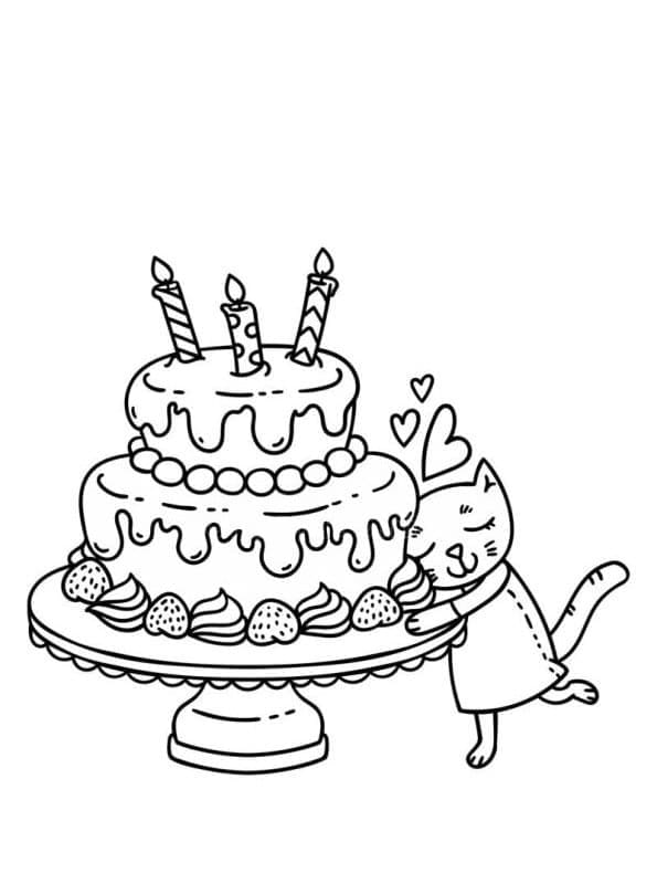 Desenho deGatinho e Bolo de Aniversário para colorir