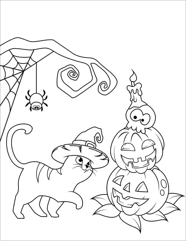 Desenho deGato com Abóboras de Halloween para colorir