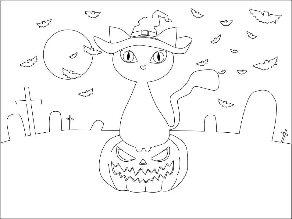 Desenho deGato de Halloween Grátis Para Crianças para colorir