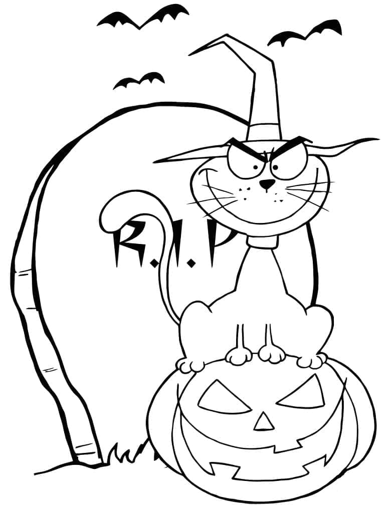 Desenho deGato e Abóbora de Halloween para colorir