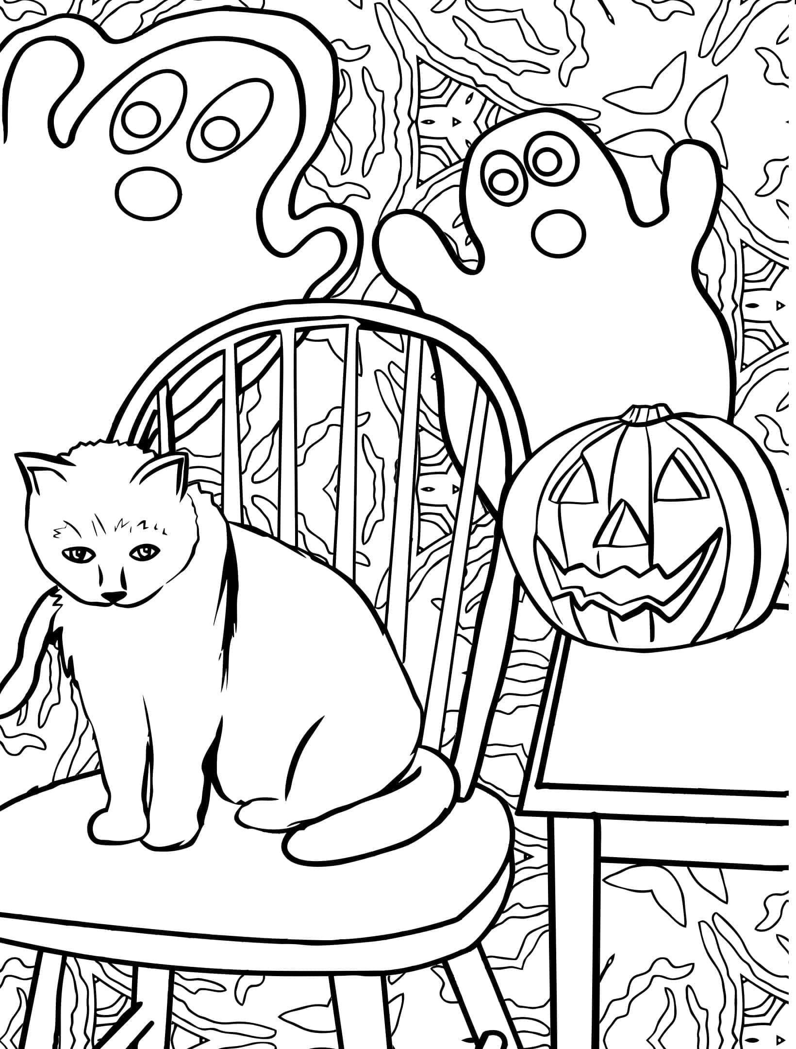 Desenho deGato e Fantasmas de Halloween para colorir