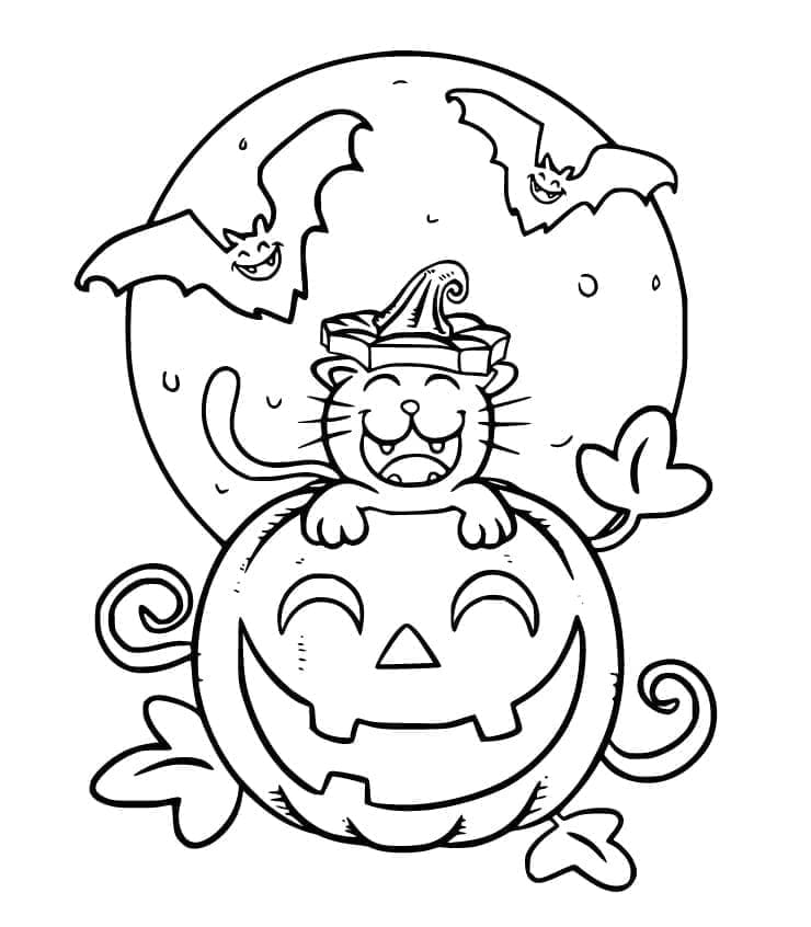 Desenho deGato e Morcegos de Halloween para colorir