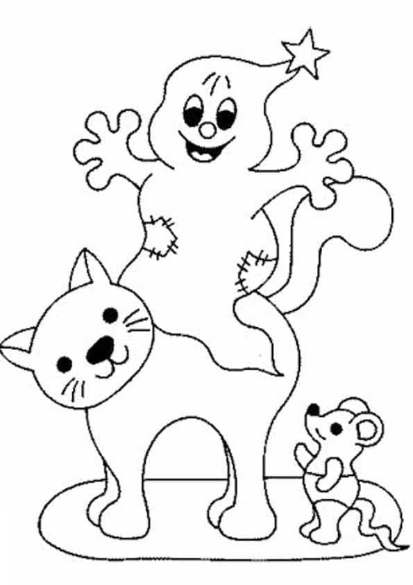 Desenho deGato, Fantasma e Rato de Halloween para colorir