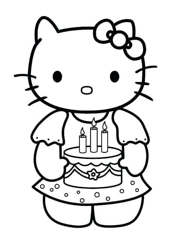 Desenho deHello Kitty e Bolo de Aniversário para colorir