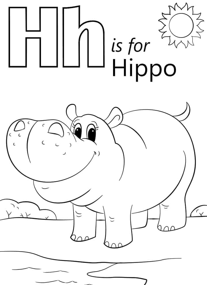 Desenho deLetra H e Hipopótamo para colorir