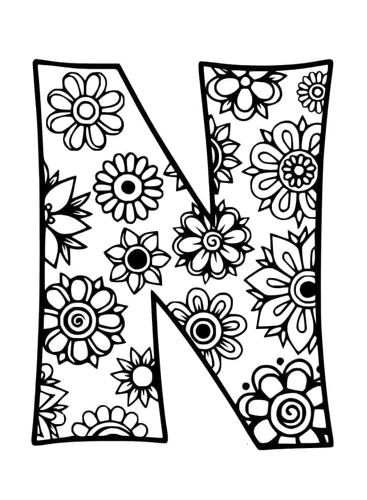 Desenho deLetra N com Flores para colorir