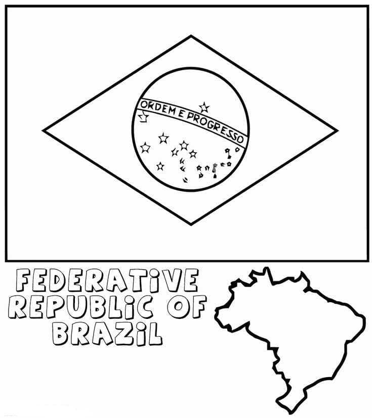 Desenho de Mapa com Bandeira do Brasil para colorir