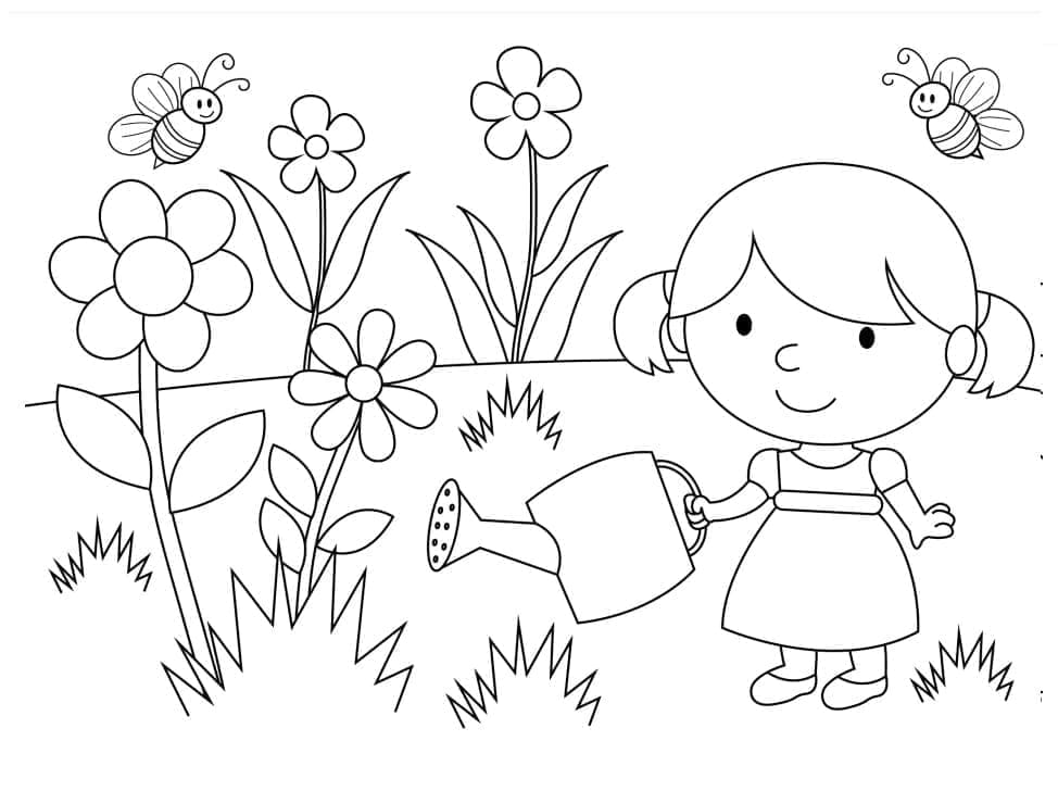 Desenho de Menina Bonitinha no Jardim para colorir