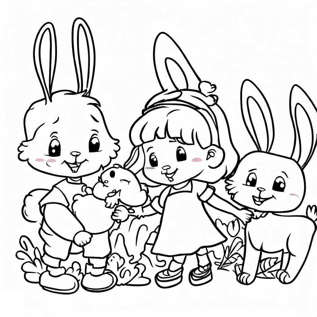 Desenho deMenina e Coelhinhos para colorir