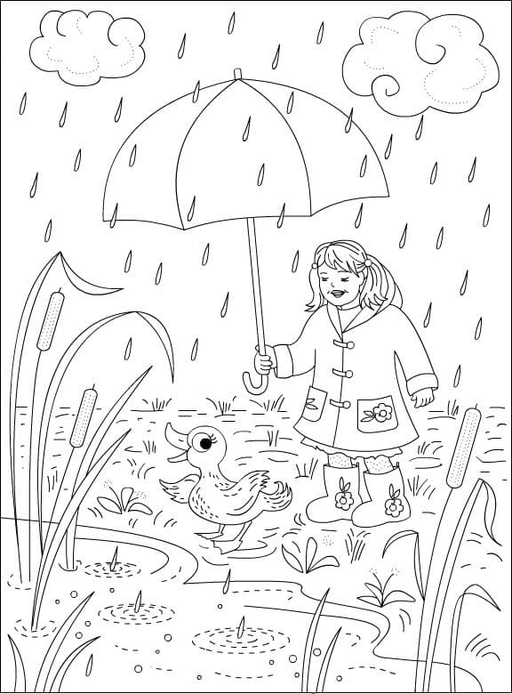 Desenho deMenina e Pato Sob a Chuva para colorir