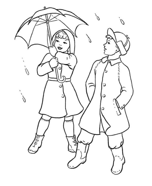 Desenho deMenino e Menina na Chuva para colorir