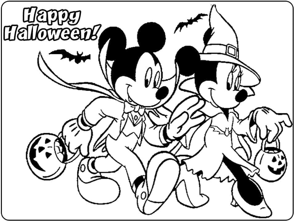 Desenho deMickey e Minnie Mouse no Halloween para colorir